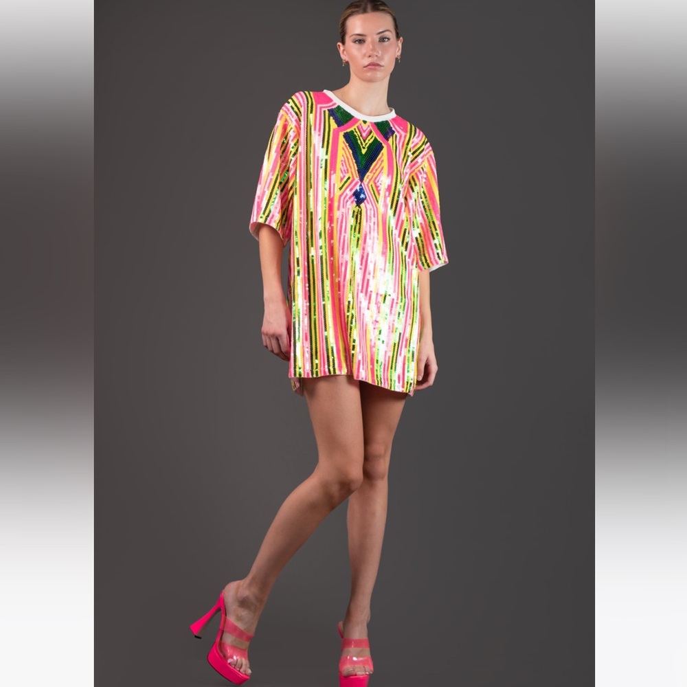 Neon Pink Multicolor Sequin Mini Dress